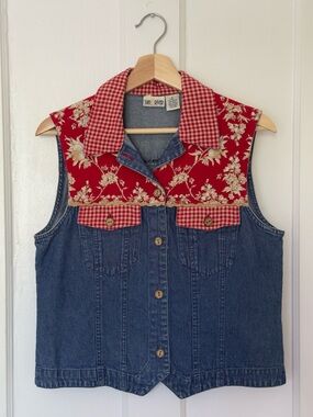 Vintage Sun River Denim Vest with Red Floral Yoke